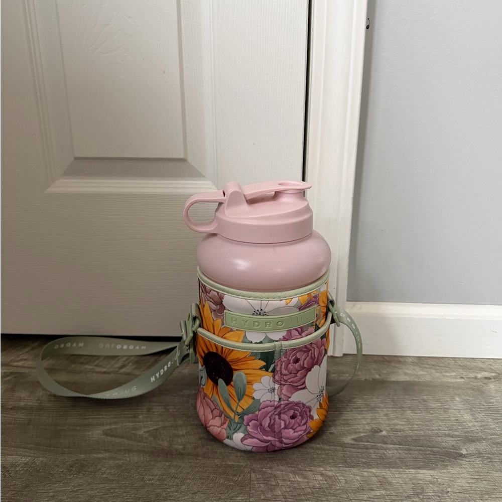 Hydro Flask Pink Floral Insulated Water Bottle with Green Strap